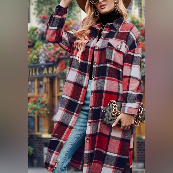 Red and Black Plaid Long Coat - Picture 7 of 8